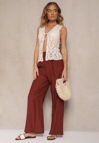 Renee - Bordowe Wiskozowe Spodnie Palazzo High Waist z Lnem Linaselia. Stan: podwyższony. Kolor: czerwony. Materiał: wiskoza, len. Sezon: lato