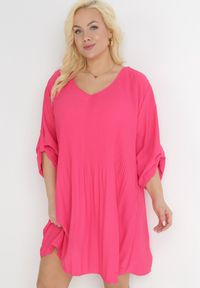 Born2be - Różowa Rozkloszowana Sukienka Mini z Plisowaniem Telesi. Kolekcja: plus size. Kolor: różowy. Długość rękawa: długi rękaw. Typ sukienki: dla puszystych. Długość: mini #4