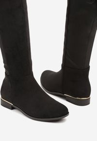 Renee - Czarne Kozaki Muszkieterki Ozdobione Aplikacją i Frędzlami Serrie. Okazja: na co dzień. Kolor: czarny. Materiał: jeans. Wzór: aplikacja. Styl: casual, elegancki #6