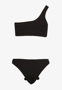 Born2be - Czarne Bikini z Asymetrycznym Topem i Figami z Kwiatową Aplikacją Rivannie. Kolor: czarny. Wzór: aplikacja, kwiaty