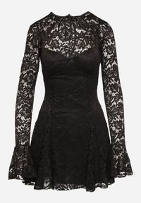 Born2be - Czarna Rozkloszowane Sukienka Koktajlowa z Koronką i Bolerkiem Eyrfedi. Okazja: na randkę, na ślub cywilny, na wesele. Kolor: czarny. Materiał: koronka. Długość rękawa: na ramiączkach. Wzór: koronka. Typ sukienki: rozkloszowane. Styl: wizytowy #3
