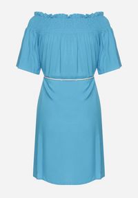 Born2be - Niebieska Sukienka z Wiskozą Bawełną Hiszpańskim Dekoltem i Sznurkiem Lilarenne. Okazja: na co dzień. Kolor: niebieski. Materiał: bawełna, wiskoza. Sezon: lato. Styl: casual, elegancki #2