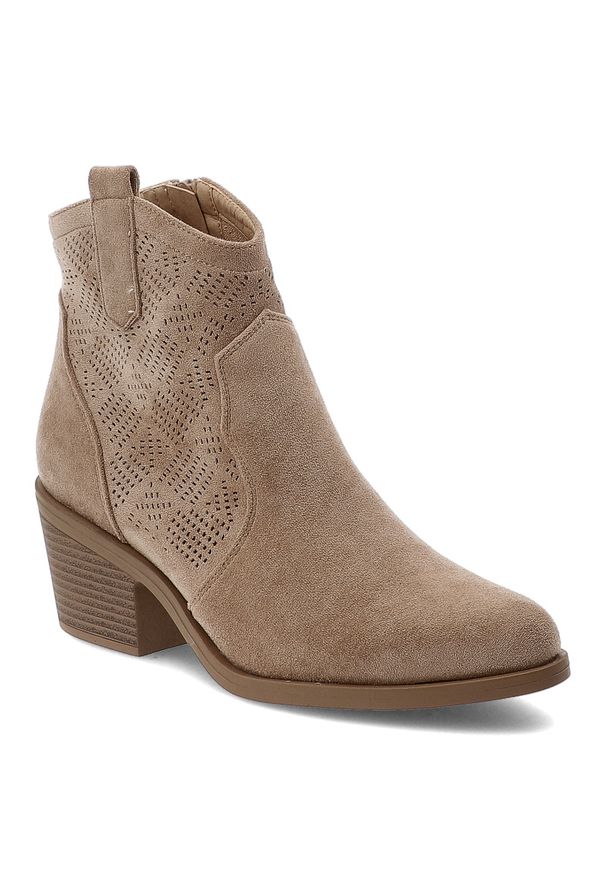 Beżowe Botki S.Barski Ażurowe Kowbojki Damskie. Kolor: beżowy. Materiał: jeans, materiał. Wzór: ażurowy. Obcas: na obcasie. Wysokość obcasa: średni