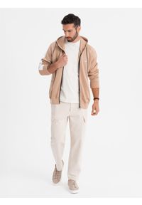 Ombre Clothing - Rozpinana męska bluza z kapturem i lampasami - beżowa V4 - Rozmiar: M. Typ kołnierza: kaptur. Kolor: beżowy. Materiał: guma, tkanina, dzianina, poliester, materiał. Wzór: gładki, aplikacja, nadruk. Styl: retro, sportowy