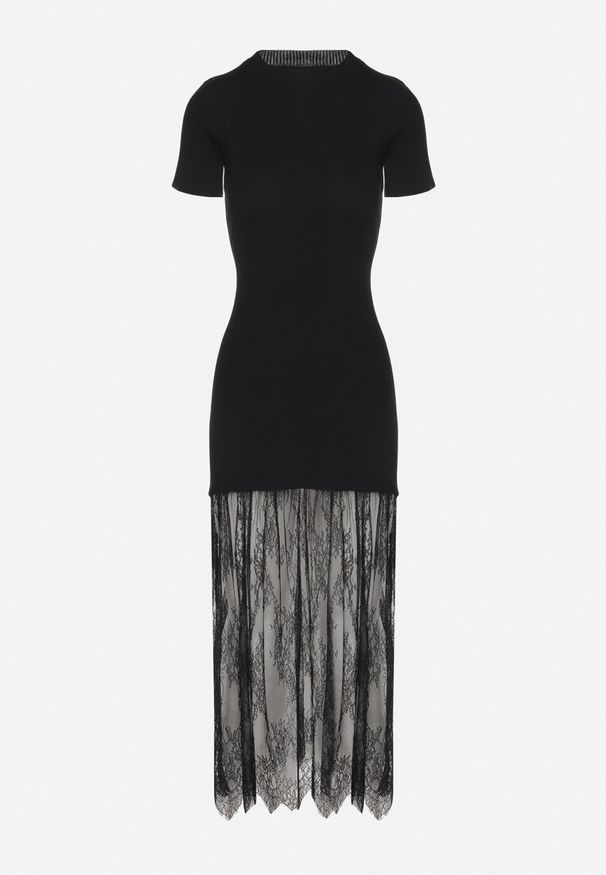 Born2be - Czarna Prążkowana Sukienka z Koronkowym Dołem Vilzedi. Kolor: czarny. Materiał: koronka, prążkowany. Typ sukienki: proste. Styl: elegancki, glamour