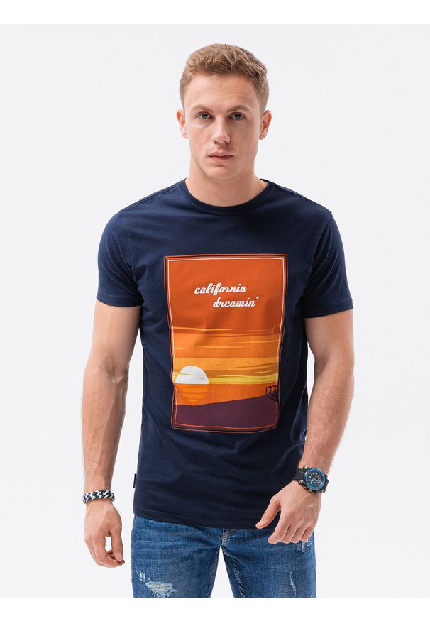 Ombre Clothing - T-shirt męski z nadrukiem - granatowy V1B S1434 - XXL. Kolor: niebieski. Materiał: bawełna. Wzór: nadruk. Styl: klasyczny