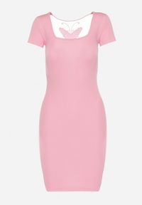 Born2be - Różowa Sukienka z Bawełny w Prążki z Siateczką i Motylkiem na Plecach Listeria. Kolor: różowy. Materiał: bawełna. Długość rękawa: krótki rękaw. Wzór: prążki