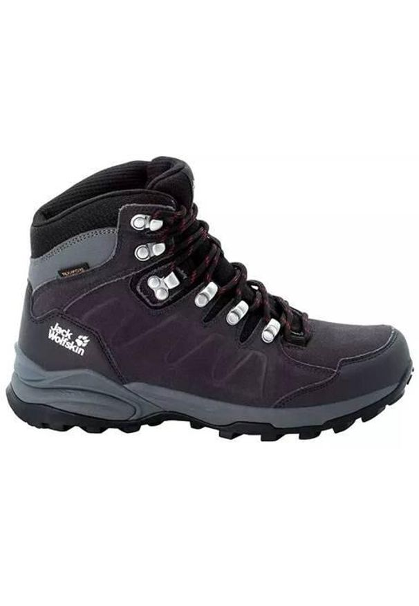 Buty trekkingowe damskie Jack Wolfskin Refugio Texapore Mid. Wysokość cholewki: za kostkę. Zapięcie: sznurówki. Kolor: czarny, wielokolorowy. Materiał: materiał, skóra. Szerokość cholewki: normalna