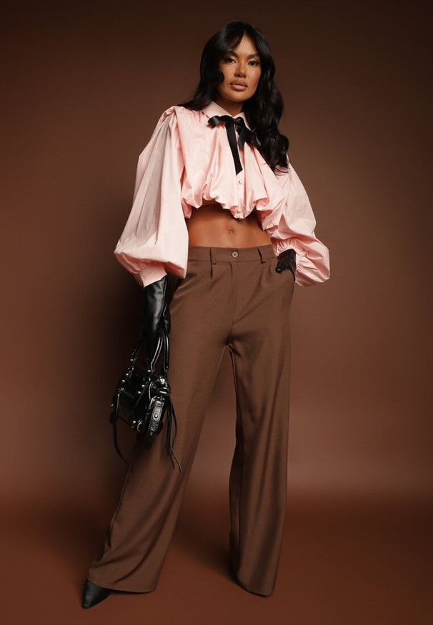 Renee - Ciemnobrązowe Szerokie Spodnie High Waist z Gumką w Pasie Eternel. Okazja: na spotkanie biznesowe. Stan: podwyższony. Kolor: brązowy. Materiał: koronka. Styl: biznesowy