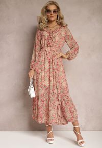 Renee - Beżowo-Różowa Sukienka Rozkloszowana w Kwiaty z Gumką w Pasie Bledareta. Kolor: beżowy. Materiał: materiał. Wzór: kwiaty #4