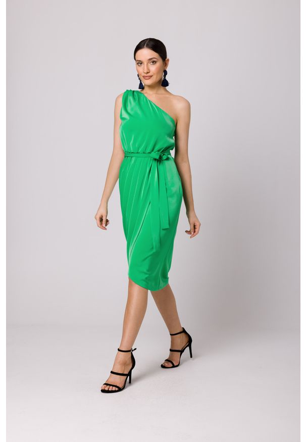 MOE - Efektowna Sukienka na Jedno Ramię - Zielona. Kolor: zielony. Materiał: poliester, elastan