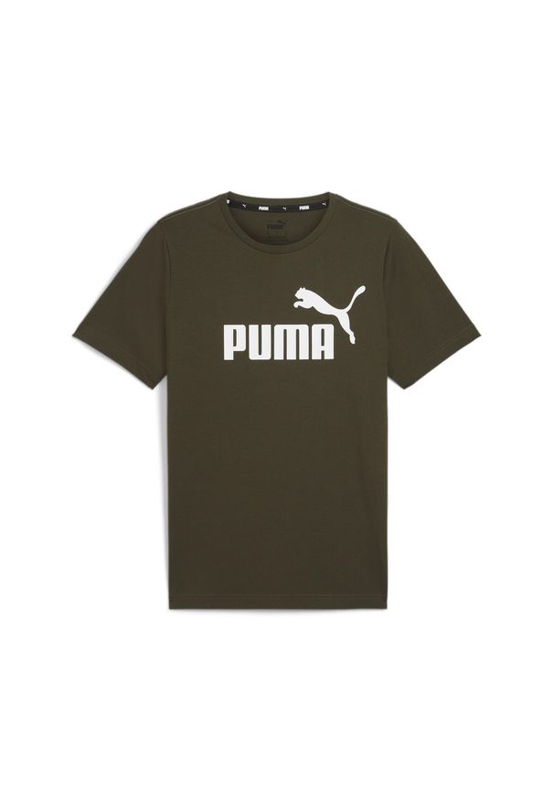 Puma - Męska koszulka z logo Essentials PUMA Dark Olive Green. Kolor: wielokolorowy, biały, zielony. Wzór: aplikacja. Sport: joga i pilates