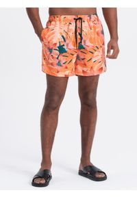 Ombre Clothing - Szorty męskie kąpielówki w motyw roślinny - pomarańczowe V5 - Rozmiar: XL. Okazja: na plażę. Kolor: pomarańczowy. Materiał: poliester, materiał