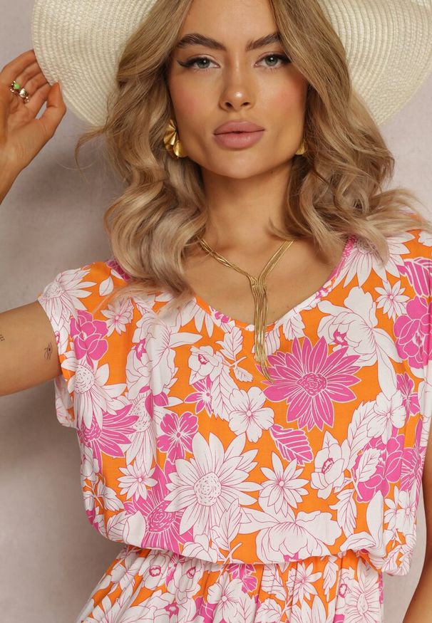 Renee - Pomarańczowa Rozkloszowana Mini Sukienka z Wiskozy w Kwiatowy Print i z Gumką w Pasie Yapta. Kolor: pomarańczowy. Materiał: wiskoza. Wzór: kwiaty, nadruk. Długość: mini