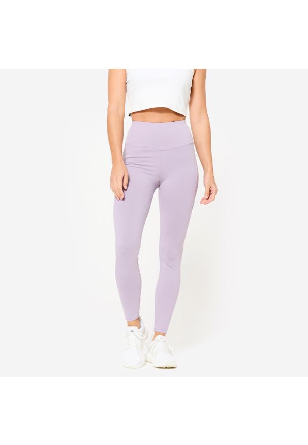 NYAMBA - Legginsy fitness damskie Domyos. Stan: podwyższony. Kolor: fioletowy. Materiał: bawełna, poliester, materiał, elastan. Sport: fitness