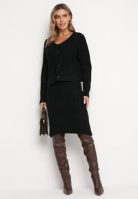 Born2be - Czarny 2-częściowy Komplet Dzianinowy z Kardiganem i Sukienką Maranasa. Kolor: czarny. Materiał: dzianina. Długość rękawa: na ramiączkach. Wzór: aplikacja, ze splotem #5