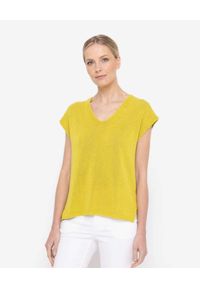 DENI CLER - Żółty sweter z krótkim rękawem. Kolor: żółty. Materiał: bawełna. Długość rękawa: krótki rękaw. Długość: krótkie