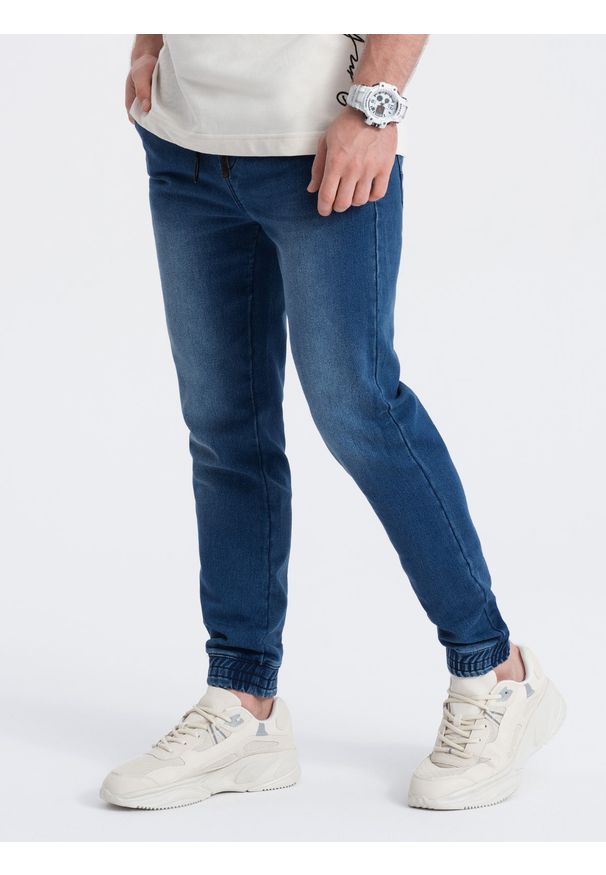 Ombre Clothing - Spodnie męskie jeansowe JOGGER SLIM FIT - ciemnoniebieskie V3. Kolor: niebieski. Materiał: jeans