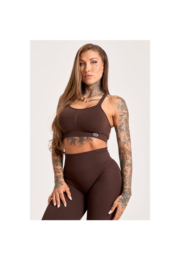 GYM GLAMOUR - Stanik fitness cardio damski Gym Glamour push up 2.0. Kolor: brązowy. Rodzaj stanika: push-up. Sport: fitness