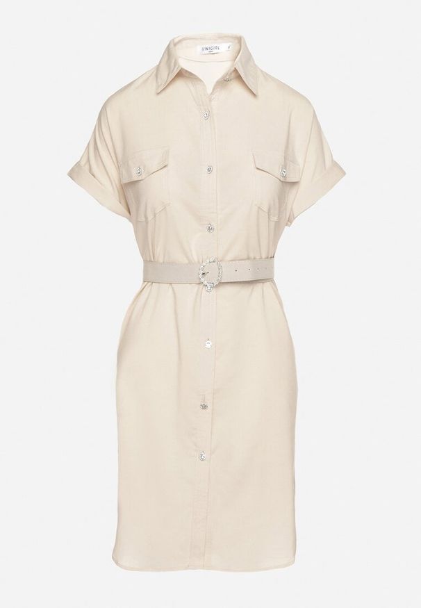 Born2be - Beżowa Sukienka Koszulowa z Bawełną z Ozdobnym Paskiem i Kieszeniami Efrissa. Okazja: na spotkanie biznesowe. Kolor: beżowy. Materiał: bawełna. Długość rękawa: długi rękaw. Typ sukienki: koszulowe. Styl: klasyczny, elegancki, biznesowy