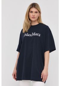 Max Mara Leisure t-shirt damski kolor granatowy. Kolor: niebieski. Materiał: bawełna. Długość rękawa: krótki rękaw. Długość: krótkie. Wzór: nadruk #5