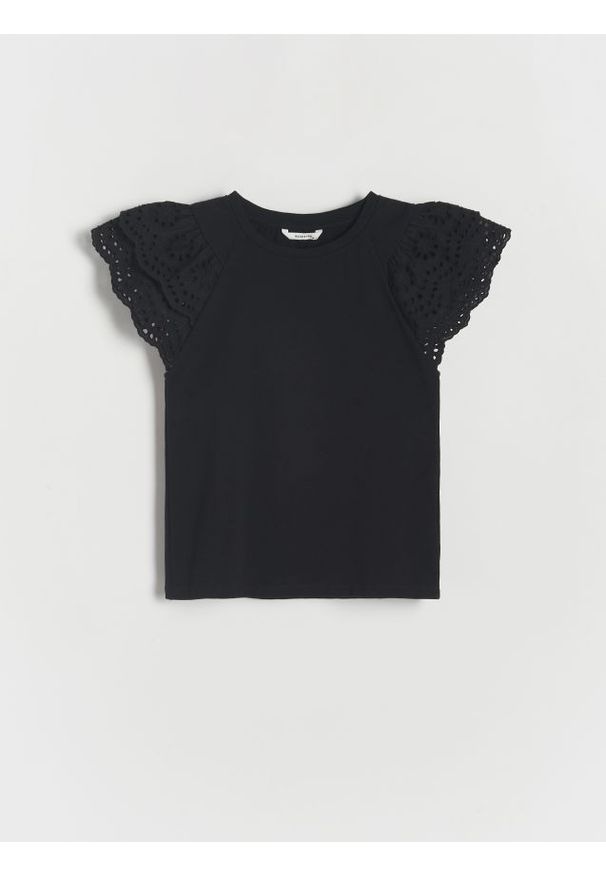 Reserved - Bawełniany t-shirt z falbanką - czarny. Kolor: czarny. Materiał: bawełna