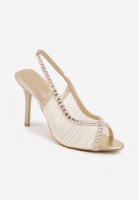Renee - Złote Sandały Slingback VICES z Siateczki na Szpilce Zdobione Cyrkoniami Aethipe. Nosek buta: otwarty. Kolor: złoty. Materiał: skóra, materiał. Wzór: aplikacja. Sezon: lato. Obcas: na szpilce. Wysokość obcasa: średni #6