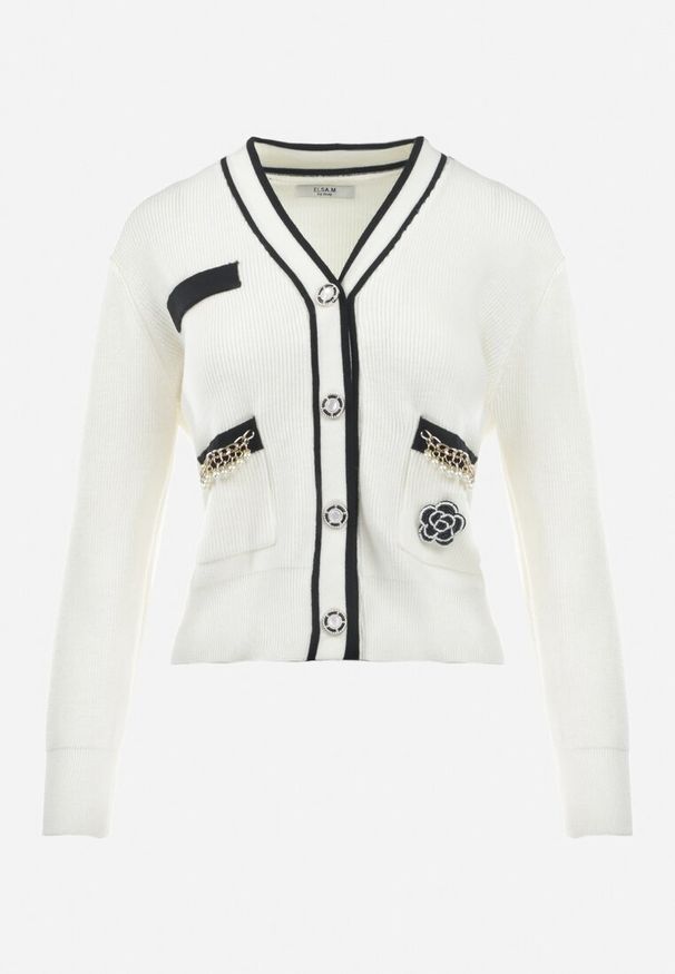 Born2be - Biały Kardigan z Wiskozy i Łańcuszkami Seime. Okazja: na co dzień. Kolor: biały. Materiał: wiskoza. Styl: elegancki, casual, klasyczny