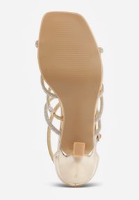 Born2be - Złote Sandały na Szpilce z Cyrkoniami i Kwadratowym Noskiem Vikirona. Zapięcie: sprzączka. Kolor: złoty. Wzór: aplikacja. Obcas: na szpilce. Styl: wizytowy #4