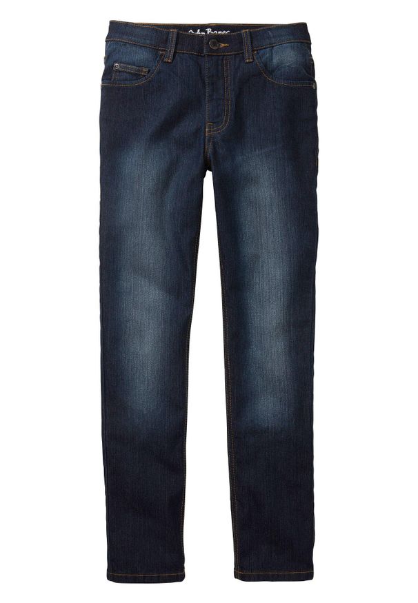 bonprix - Dżinsy o kroju slim fit z regulowanym paskiem i prostymi nogawkami. Kolor: niebieski