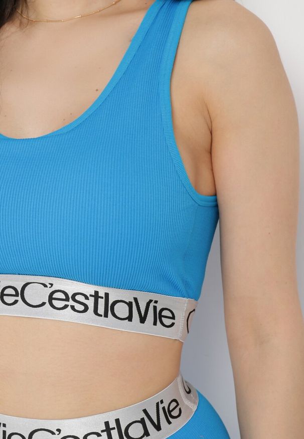 Born2be - Niebieski Biustonosz Top Sportowy Prążkowany z Ozdobną Gumą Fanelli. Kolor: niebieski. Materiał: guma, prążkowany. Styl: sportowy