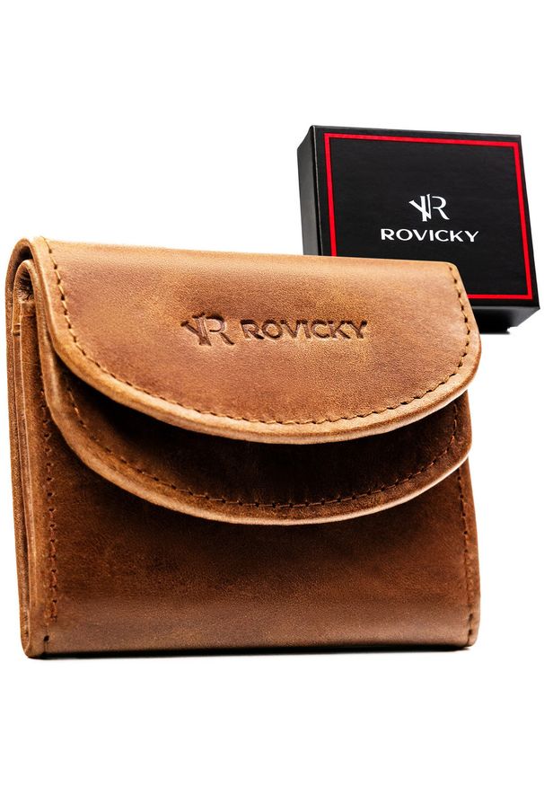 ROVICKY - Mały, brązowy, skórzany portfel męski zamykany zatrzaskiem - Rovicky. Kolor: brązowy. Materiał: skóra