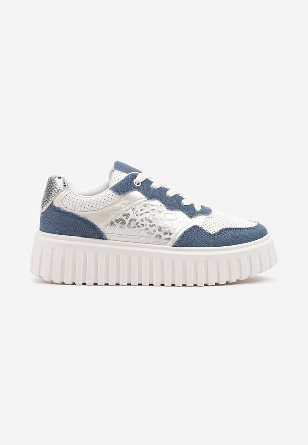Renee - Niebiesko-Białe Sneakersy na Platformie z Tłoczeniami Zdobione Panterkowym Printem Herraza. Kolor: niebieski. Materiał: jeans. Wzór: nadruk, aplikacja. Obcas: na platformie