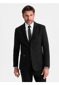 Ombre Clothing - Marynarka męska SLIM z dzianiny o subtelnej strukturze – czarna V2. Okazja: do pracy. Kolor: czarny. Materiał: dzianina. Wzór: kolorowy. Styl: klasyczny #4