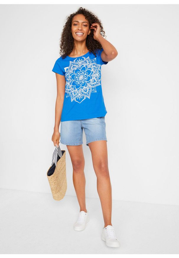 bonprix - Shirt z przędzy mieszankowej, krótki rękaw. Kolor: niebieski. Długość rękawa: krótki rękaw. Długość: krótkie. Wzór: nadruk