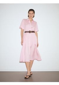 Reserved - Sukienka midi z lnem - pastelowy róż. Kolor: różowy. Materiał: len. Długość: midi #1