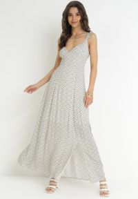 Born2be - Zielona Wiskozowa Sukienka Maxi na Szerokich Ramiączkach z Cienkimi Gumkami Dayani. Okazja: na co dzień. Kolor: zielony. Materiał: wiskoza. Długość rękawa: na ramiączkach. Wzór: kwiaty, aplikacja. Typ sukienki: proste. Styl: casual. Długość: maxi #1
