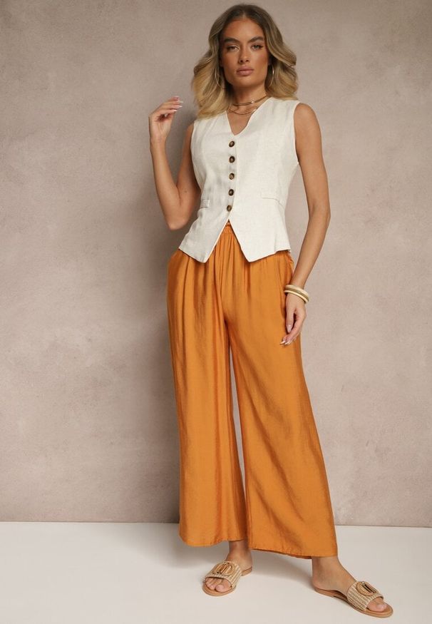 Renee - Pomarańczowe Spodnie z Wiskozy High Waist o Szerokim Kroju Divlise. Okazja: na co dzień. Stan: podwyższony. Kolor: pomarańczowy. Materiał: wiskoza. Styl: elegancki, casual