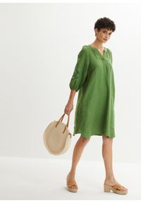 bonprix - Sukienka lniana z ażurowym haftem. Kolor: zielony. Materiał: len. Wzór: ażurowy, haft. Sezon: lato