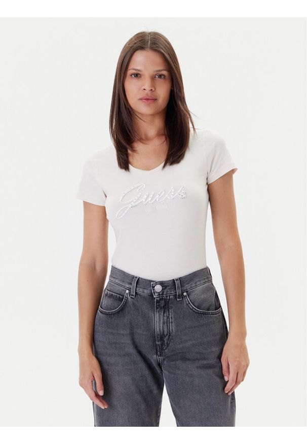 Guess T-Shirt W5YI46 J1314 Écru Slim Fit. Materiał: bawełna