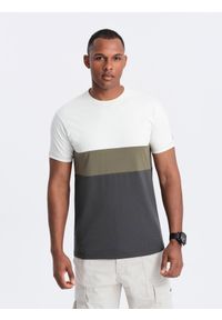 Ombre Clothing - T-shirt męski trójkolorowy w szerokie pasy - kremowo-grafitowy V6 OM-TSCT-0152 - XXL. Okazja: na co dzień. Kolor: szary. Materiał: bawełna, materiał. Wzór: aplikacja. Styl: casual #5