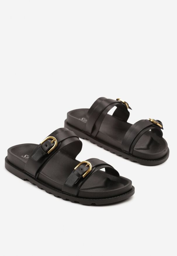 Born2be - Czarne Klapki z Klamrami Falazi. Okazja: na plażę, na co dzień. Kolor: czarny. Materiał: jeans. Styl: casual