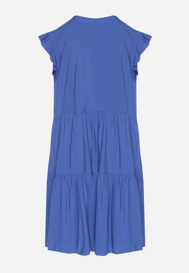 Born2be - Niebieska Rozkloszowana Sukienka z Bawełny Ozdobiona Falbankami Natiriane. Okazja: na co dzień. Typ kołnierza: kołnierz z falbankami. Kolor: niebieski. Materiał: bawełna. Wzór: aplikacja. Sezon: wiosna, lato. Styl: elegancki, casual