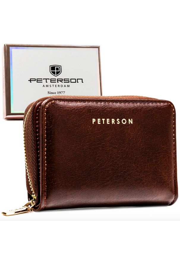 Brązowy portfel damski ze skóry ekologicznej wyposażony w system RFID - Peterson. Kolor: brązowy. Materiał: skóra ekologiczna. Wzór: aplikacja