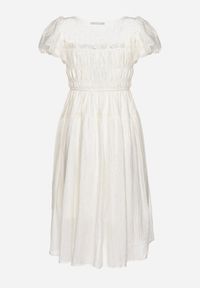 Born2be - Jasnobeżowa Rozkloszowana Sukienka z Bufiastymi Rękawami i Marszczoną Górą Vikkasha. Okazja: na co dzień. Kolor: beżowy. Typ sukienki: proste. Styl: casual, retro, elegancki #5