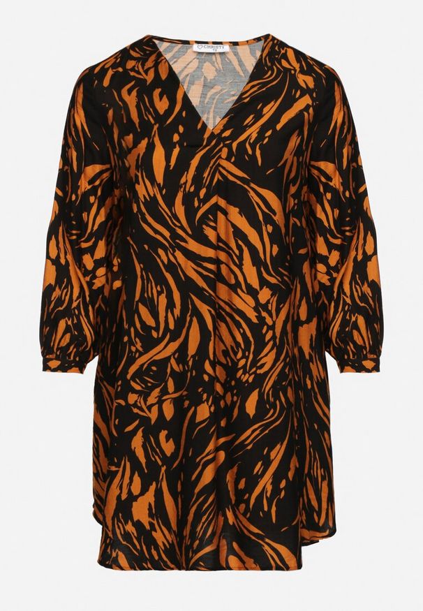 Born2be - Pomarańczowa Pudełkowa Sukienka z Wiskozą w Abstrakcyjny Wzór z Regulowanym Rękawem Norathis. Okazja: na co dzień. Typ kołnierza: dekolt w kształcie V. Kolekcja: plus size. Kolor: pomarańczowy. Materiał: wiskoza. Typ sukienki: dla puszystych. Styl: klasyczny, casual