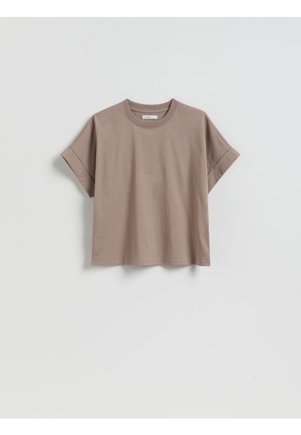 Reserved - Bawełniany t-shirt - brązowy. Kolor: brązowy. Materiał: bawełna