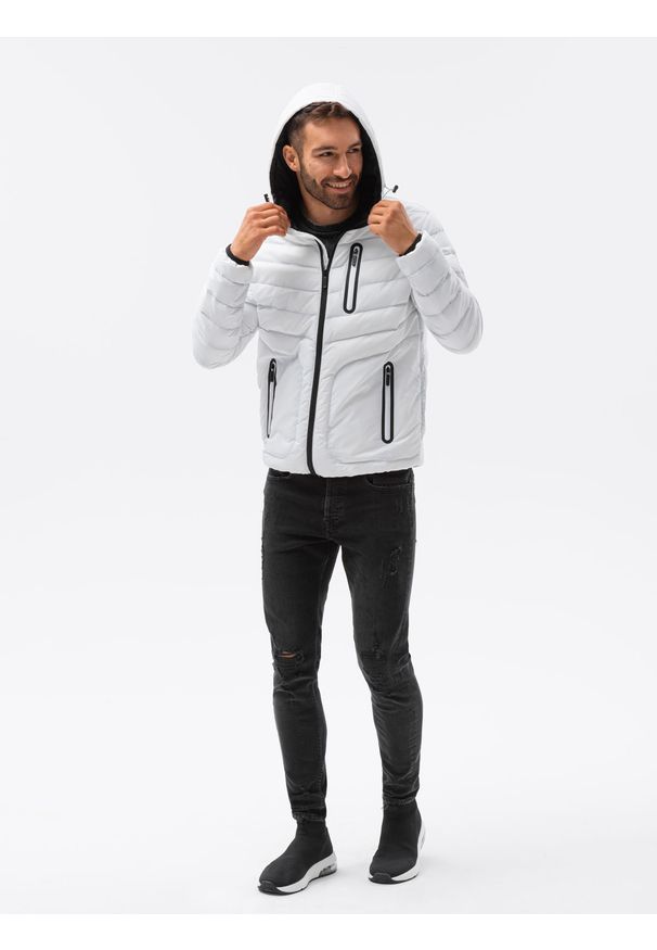 Ombre Clothing - Kurtka męska puchowa pikowana C356 - biała - XXL. Okazja: na co dzień. Typ kołnierza: kaptur. Kolor: biały. Materiał: puch. Styl: casual