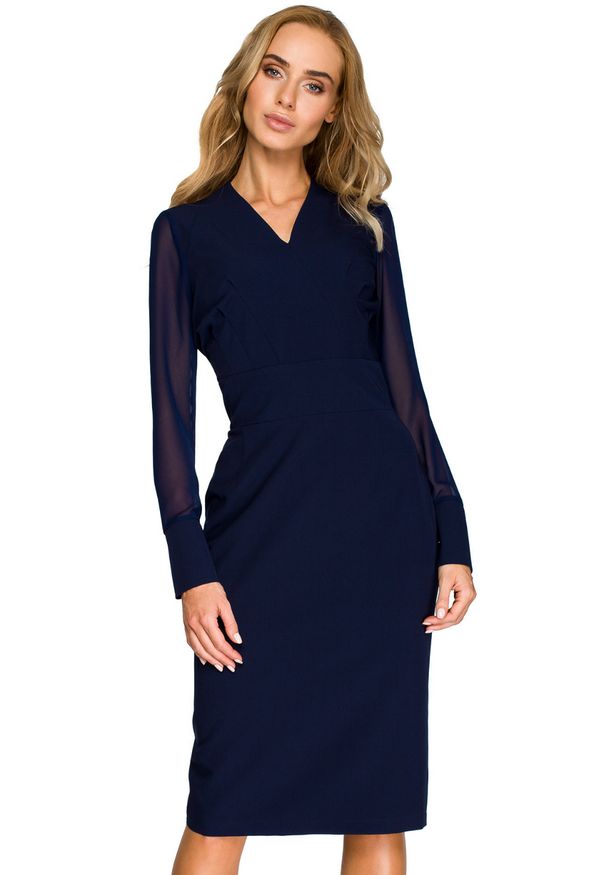 Style - Elegancka koktajlowa sukienka z szyfonowymi rękawami. Typ kołnierza: dekolt w kształcie V. Materiał: szyfon. Styl: wizytowy, elegancki