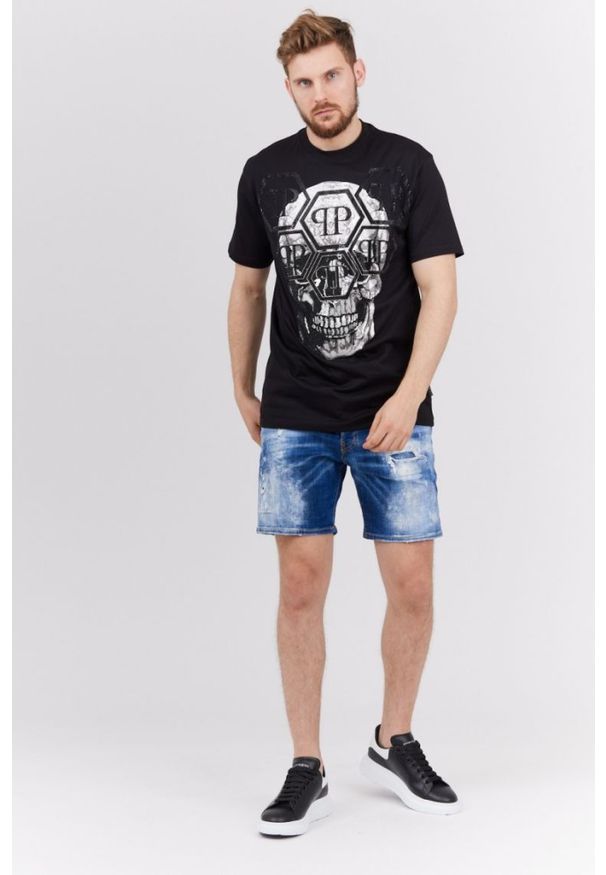 Philipp Plein - PHILIPP PLEIN Czarny t-shirt męski Round neck ss iconic plein, Rozmiar M. Kolor: czarny. Materiał: prążkowany, skóra. Wzór: aplikacja